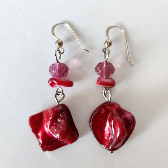 Red Pierced Earrings Resin Coated Beaded - Picture 3 of 6